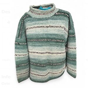 Vintage 100% Wool Green Stripped Pattern Sweater "Made in Cambodia"  Hand Made